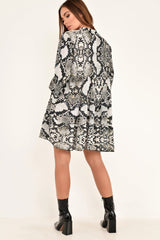 Grey Snake Print Plunge Flute Sleeve Shift Dress - Olesya-Dresses
