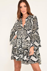 Grey Snake Print Plunge Flute Sleeve Shift Dress - Olesya-Dresses