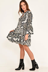 Grey Snake Print Plunge Flute Sleeve Shift Dress - Olesya-Dresses