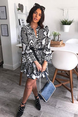 Grey Snake Print Plunge Flute Sleeve Shift Dress - Olesya-Dresses