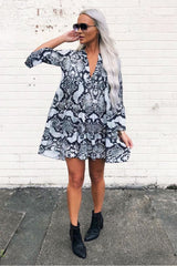 Grey Snake Print Plunge Flute Sleeve Shift Dress - Olesya-Dresses