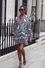 Grey Snake Print Plunge Flute Sleeve Shift Dress - Olesya-Dresses