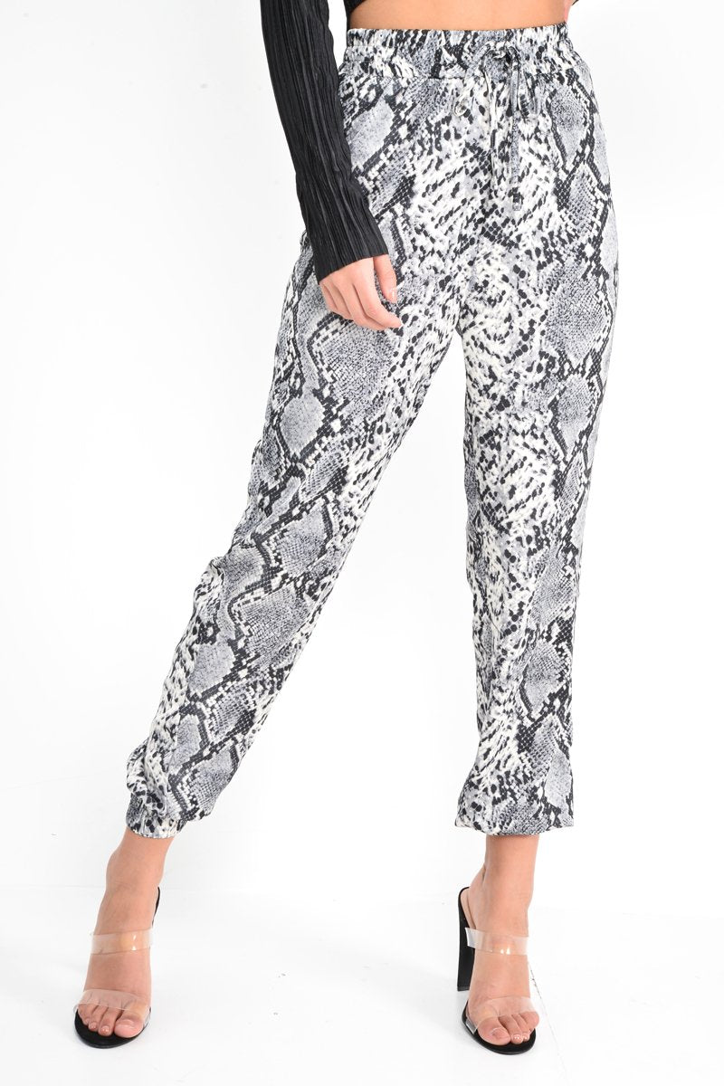 Grey Snake Print Tie Waist Cuffed Trousers - Annica-Trousers