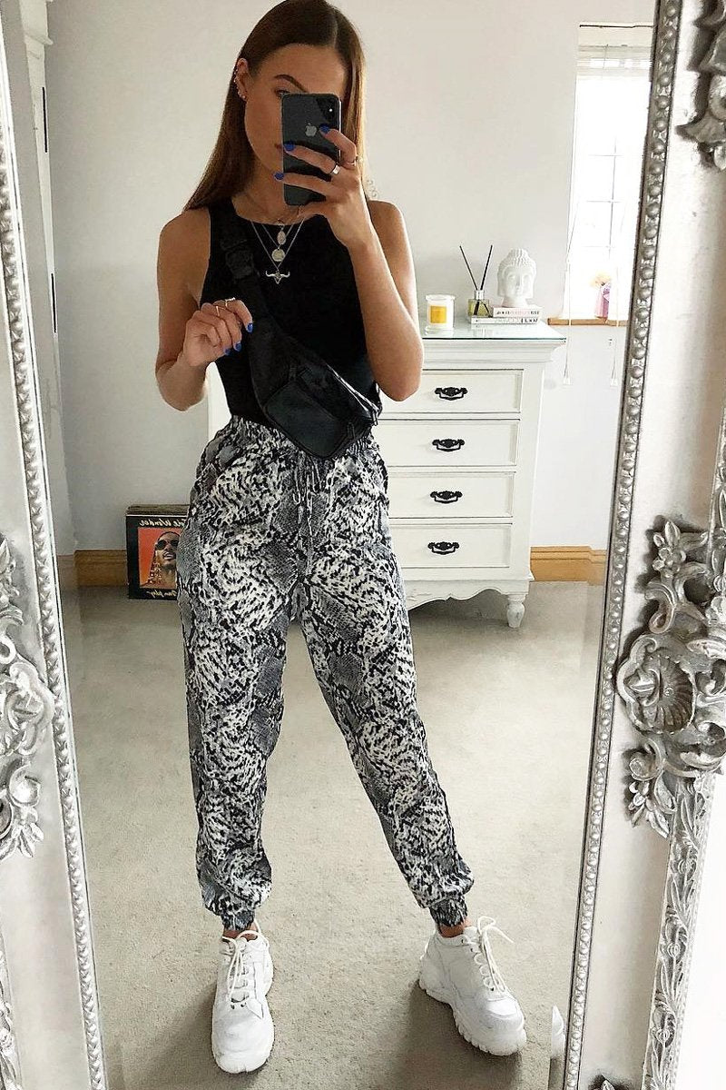 Grey Snake Print Tie Waist Cuffed Trousers - Annica-Trousers