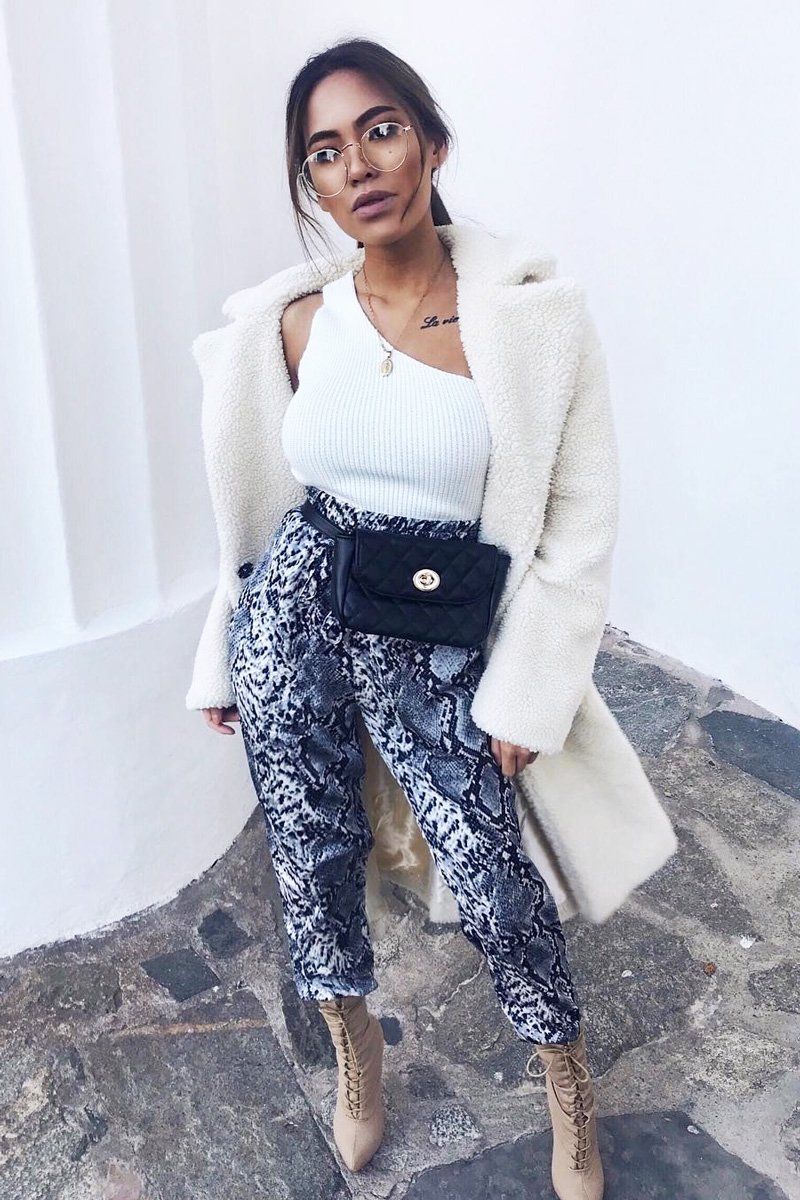 Grey Snake Print Tie Waist Cuffed Trousers - Annica-Trousers