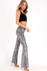 Grey Snake Print Velvet Flare Trousers - Tillee-Trousers