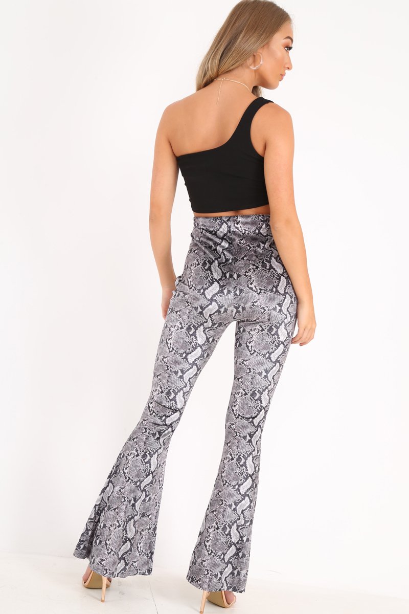 Grey Snake Print Velvet Flare Trousers - Tillee-Trousers