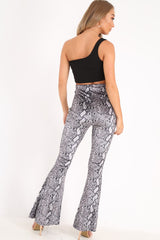 Grey Snake Print Velvet Flare Trousers - Tillee-Trousers