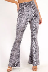 Grey Snake Print Velvet Flare Trousers - Tillee-Trousers