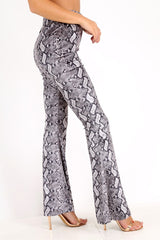 Grey Snake Print Velvet Flare Trousers - Tillee-Trousers