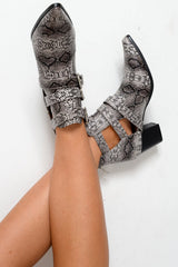 Grey Snake Print Western Buckle Pointed Ankle Boots - Disha-Boots
