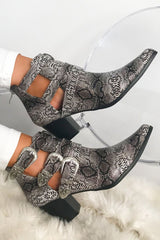 Grey Snake Print Western Buckle Pointed Ankle Boots - Disha-Boots