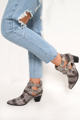 Grey Snake Print Western Buckle Pointed Ankle Boots - Disha-Boots