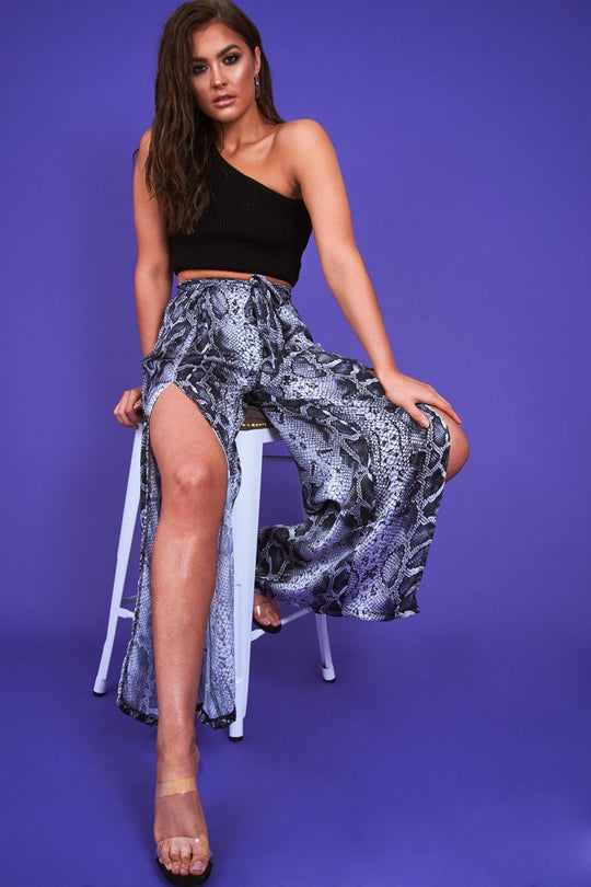 Grey Snake Print Wide Leg Belted Trousers - Brooklinn