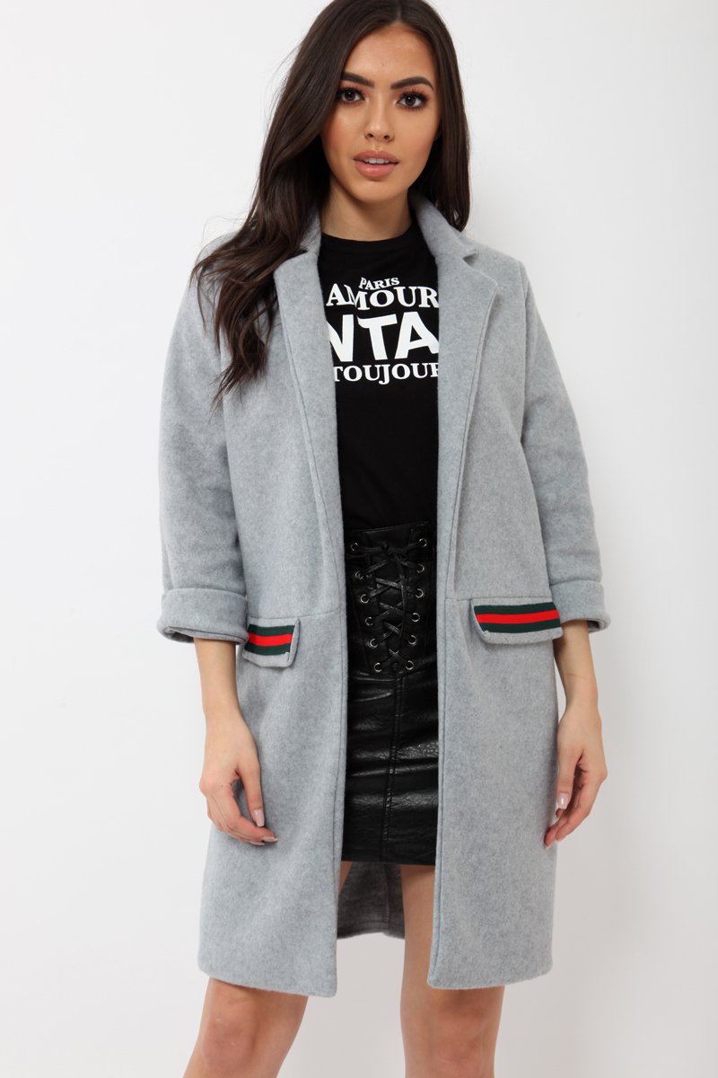 Grey Soft Blazer Jacket with Stripe Pocket - Kacey-Jackets