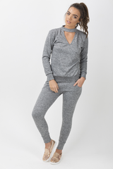 Grey Soft Cut Out Choker Neck Tracksuit - Lily-Tracksuits