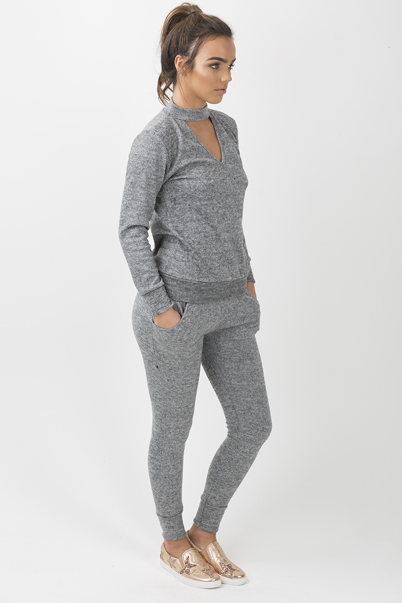 Grey Soft Cut Out Choker Neck Tracksuit - Lily-Tracksuits