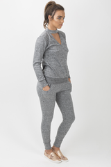 Grey Soft Cut Out Choker Neck Tracksuit - Lily-Tracksuits