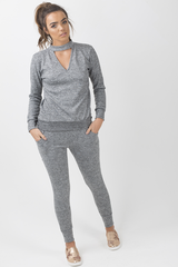 Grey Soft Cut Out Choker Neck Tracksuit - Lily-Tracksuits