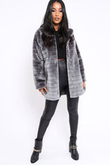 Grey Soft Faux Fur Hooded Coat - Kila-Jackets