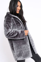 Grey Soft Faux Fur Hooded Coat - Kila-Jackets
