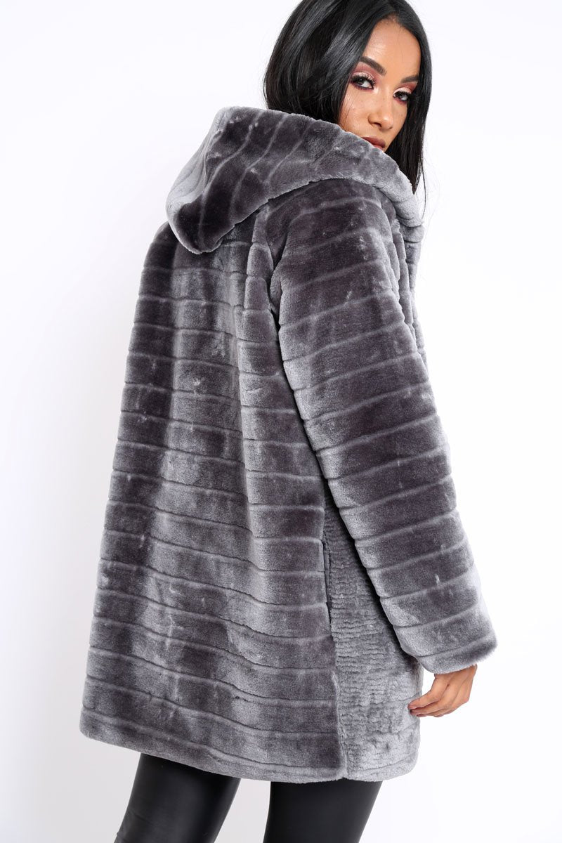 Grey Soft Faux Fur Hooded Coat - Kila-Jackets