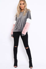 Grey Soft Fur Jumper with Contrast Sleeves - Erla-Jumper
