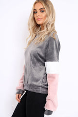 Grey Soft Fur Jumper with Contrast Sleeves - Erla-Jumper