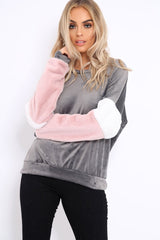 Grey Soft Fur Jumper with Contrast Sleeves - Erla-Jumper