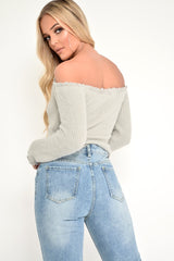 Grey Soft Knit Bardot Crop Jumper - Sidnee-Crop Jumper