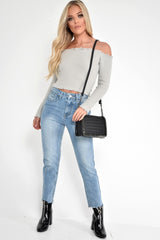 Grey Soft Knit Bardot Crop Jumper - Sidnee-Crop Jumper