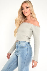 Grey Soft Knit Bardot Crop Jumper - Sidnee-Crop Jumper