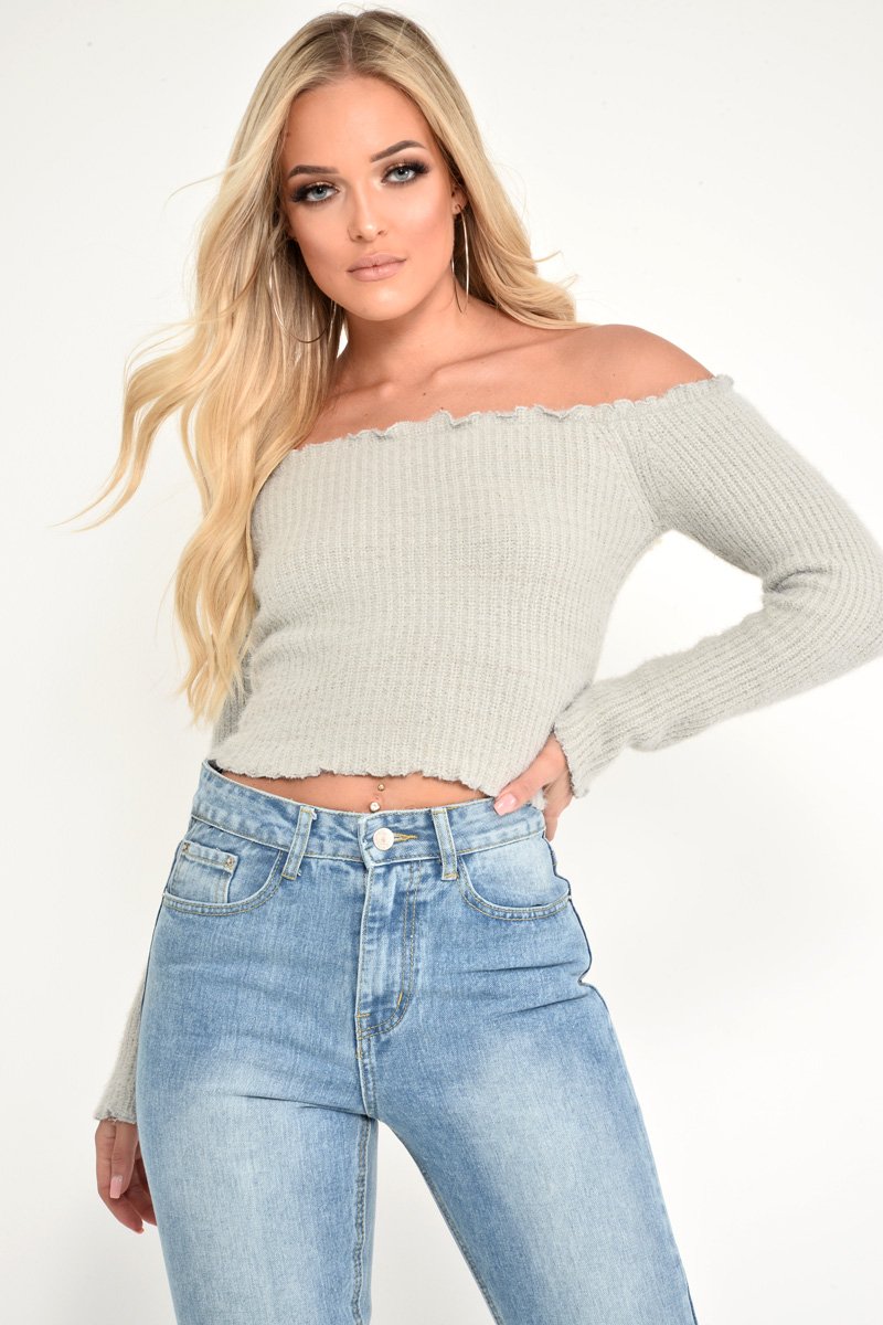 Grey Soft Knit Bardot Crop Jumper - Sidnee-Crop Jumper