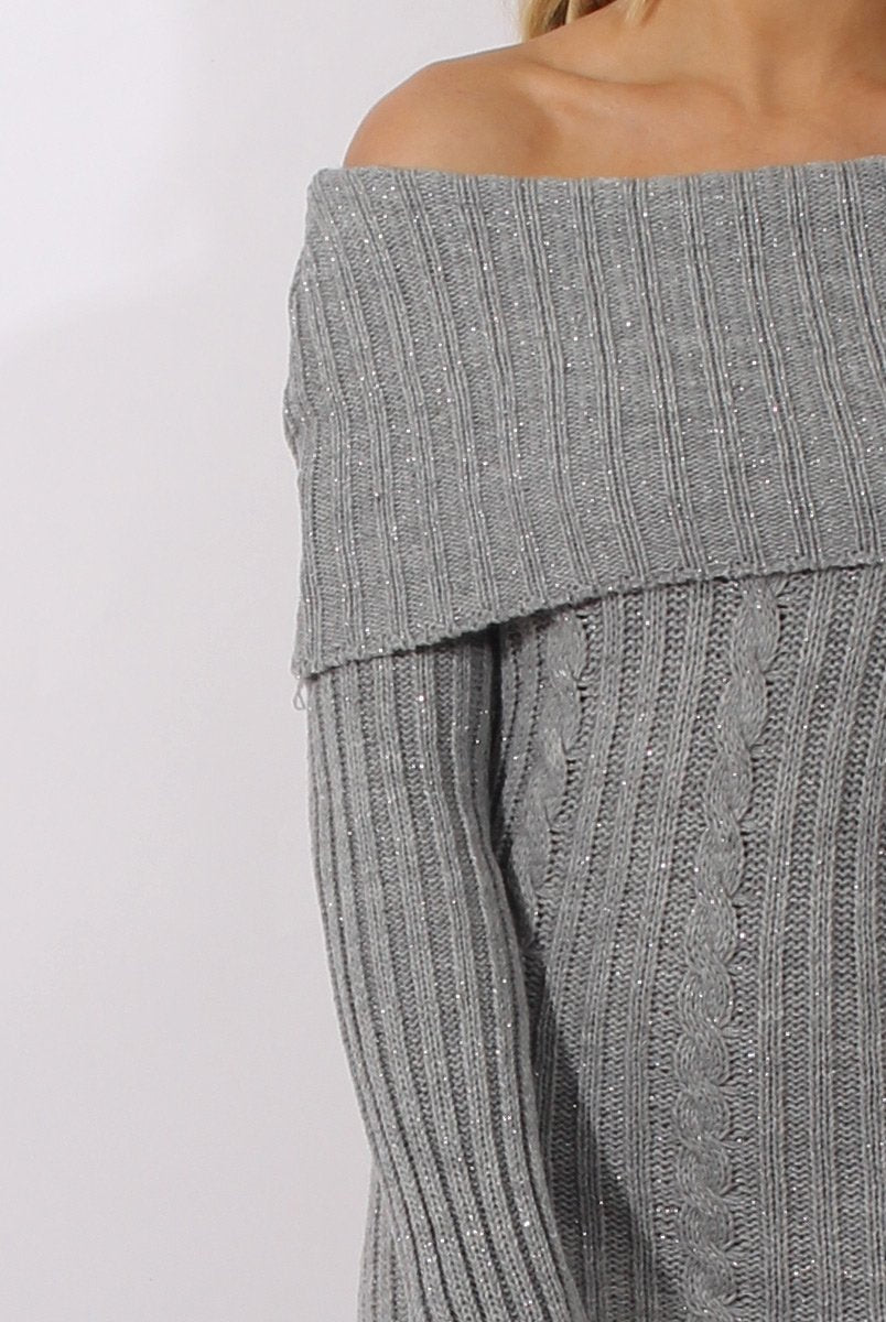 Grey Sparkle Knit Bardot Jumper Dress - Kasey-Jumper