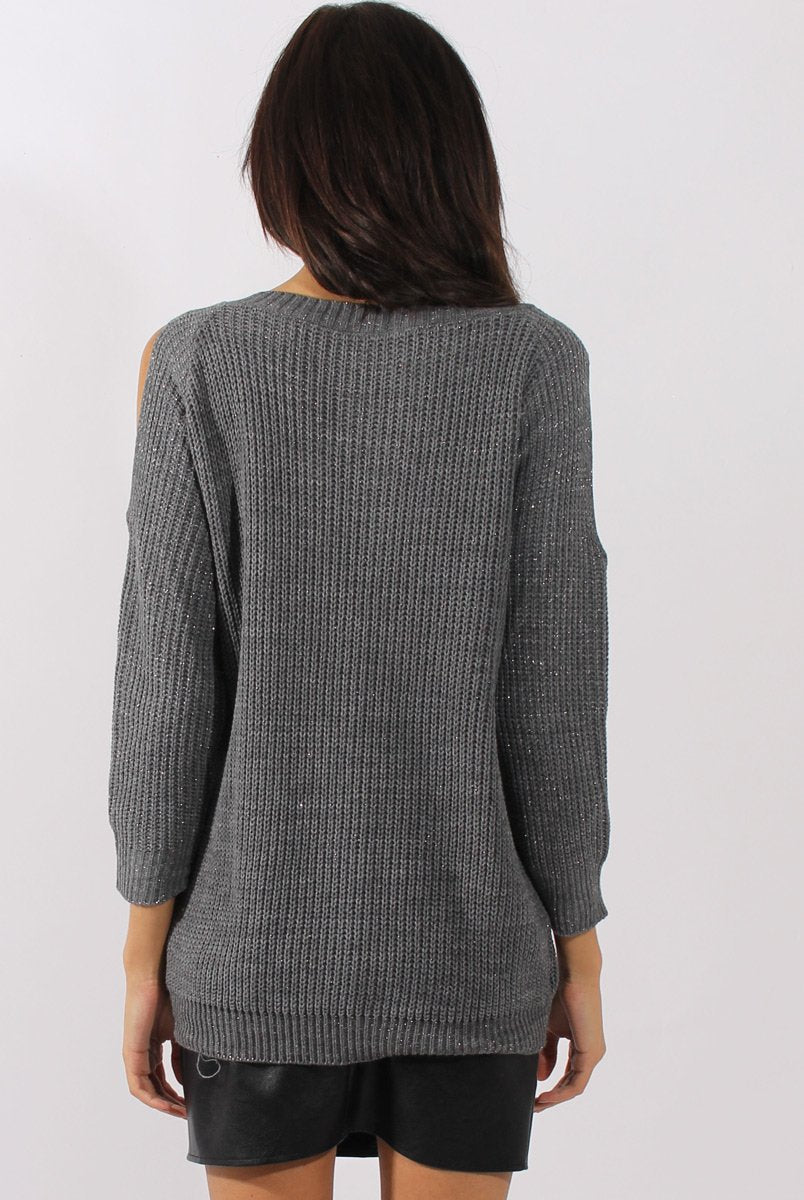 Grey Sparkle Knitted Cold Shoulder Jumper - May-Jumper