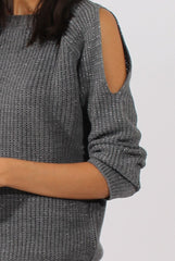 Grey Sparkle Knitted Cold Shoulder Jumper - May-Jumper