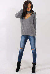 Grey Sparkle Knitted Cut Out Front Jumper - Meri-Jumper