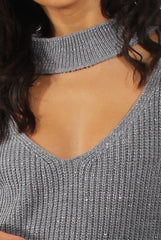 Grey Sparkle Knitted Cut Out Front Jumper - Meri-Jumper