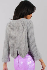 Grey Split Back Cropped Fluffy Jumper - Laura-Dresses