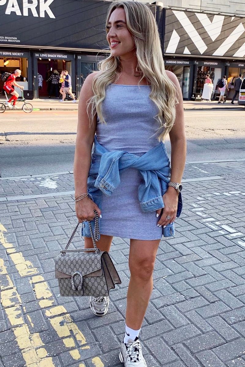 Grey Square Neckline Ribbed Midi Dress - Sunday-Dresses