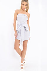 Grey Stripe Bardot Tie Around The Waist Dress - Gwen-Dresses