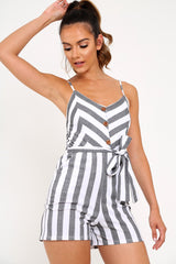 Grey Stripe Button Front Cami Tie Waist Playsuit - Alanni-Playsuits