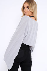 Grey Striped Cropped Batwing Jumper with V neck -Karri-Jumper
