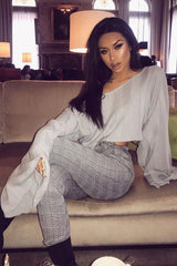 Grey Striped Cropped Batwing Jumper with V neck -Karri-Jumper