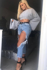 Grey Striped Cropped Batwing Jumper with V neck -Karri-Jumper