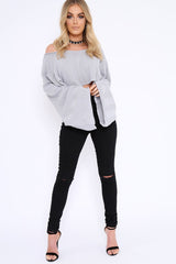Grey Striped Cropped Batwing Jumper with V neck -Karri-Jumper