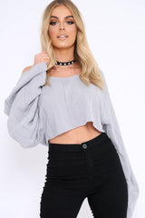 Grey Striped Cropped Batwing Jumper with V neck -Karri-Jumper