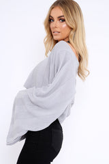 Grey Striped Cropped Batwing Jumper with V neck -Karri-Jumper