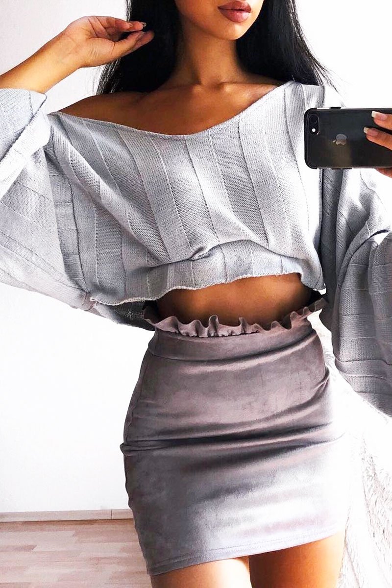 Grey Striped Cropped Batwing Jumper with V neck -Karri-Jumper