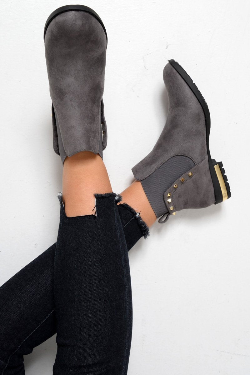 Grey Studded Faux Suede Ankle Boots - Pearson-Boots